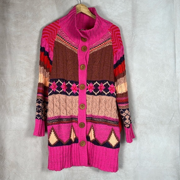 Free People Argyle Smile Cardigan Women XS Oversized Cozy Cable Knit Argyle Soft - Picture 1 of 13